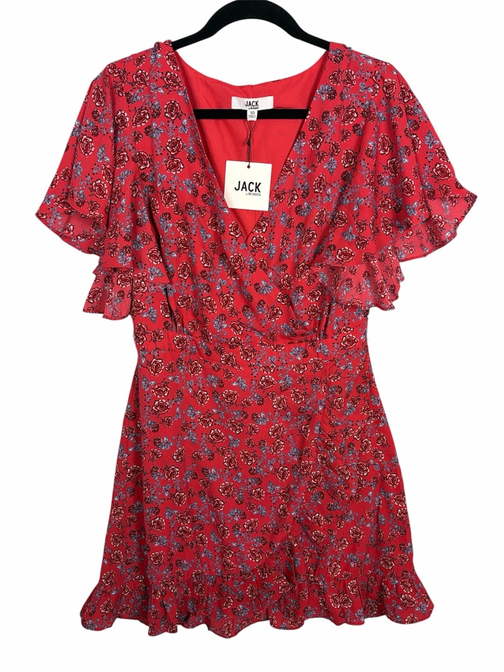 JACK by BB Dakota Floral Wrap Dress Ruffle Flutter Sleeve Red Size 10
